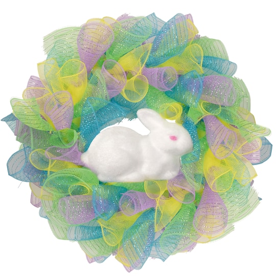 Colorful Deco Mesh Ribbon Easter Bunny Wreath 24" unlit